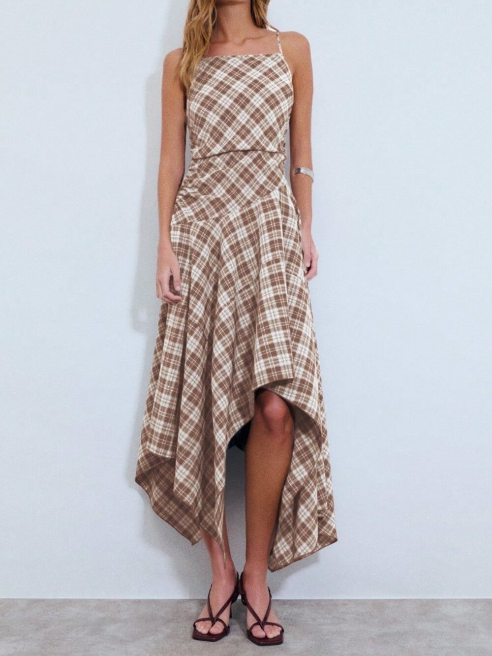 Camel Casual Women's Asymmetrical Plaid Midi Dress - Picture 3 of 7